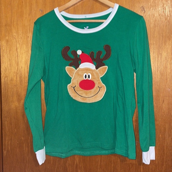 •CORA BEE•GREEN/WHITE STRIPED RUDOLPH MATCHING PAJAMA SET... MEDIUM (LIKE NEW) - Picture 2 of 10